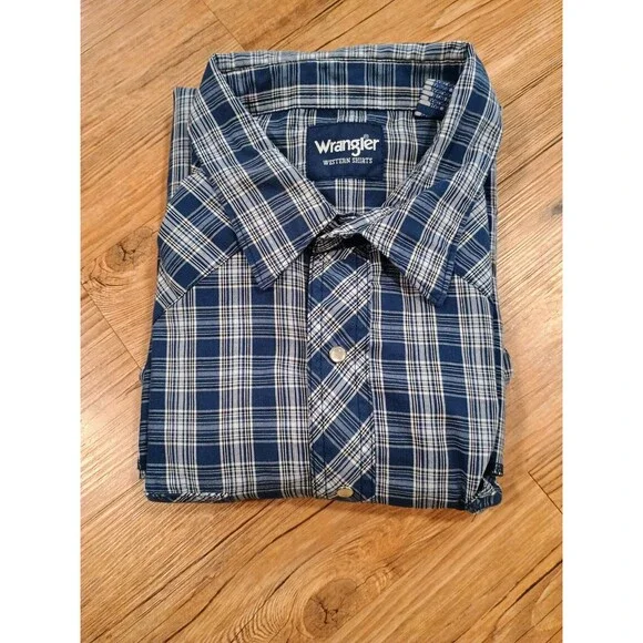 Wrangler Western Shirt Mens 3X Tall Pearl Snap Button Blue Plaid Long Sleeve - Picture 6 of 6